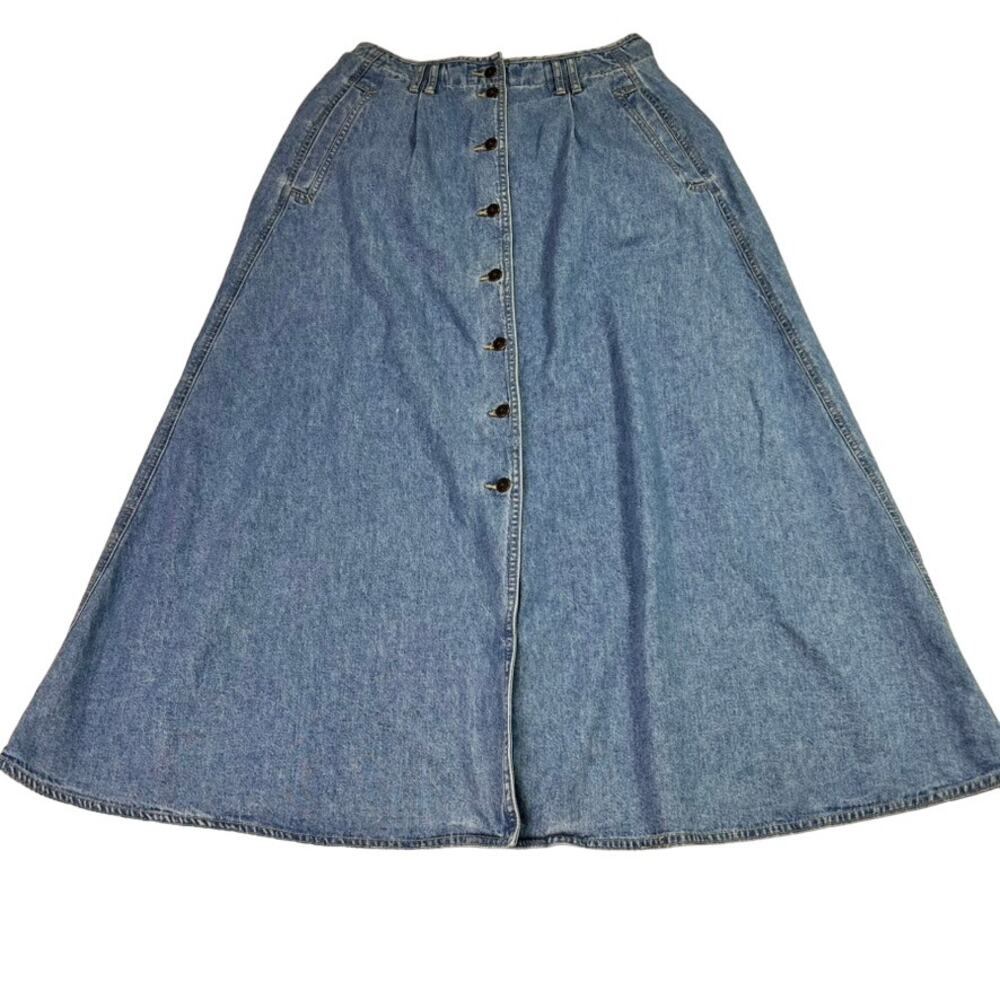 Liz Wear Skirt Women's Size 10 Denim Jean Button Down ALine Flare Hem Vintage